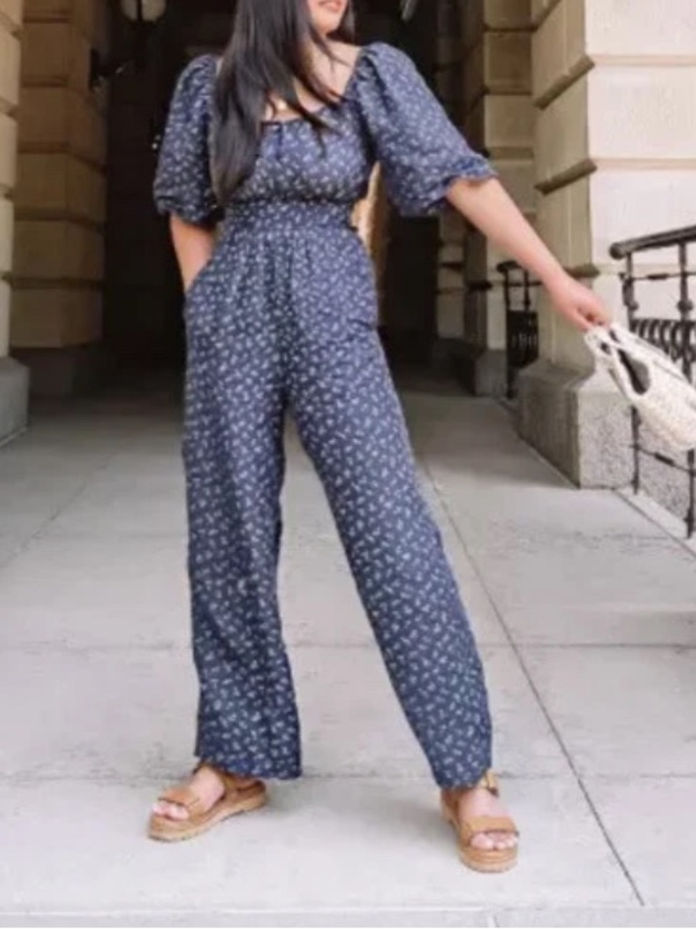 Madewell Square-Neck Bubble-Sleeve Jumpsuit in Spring Fling size 4 preloved